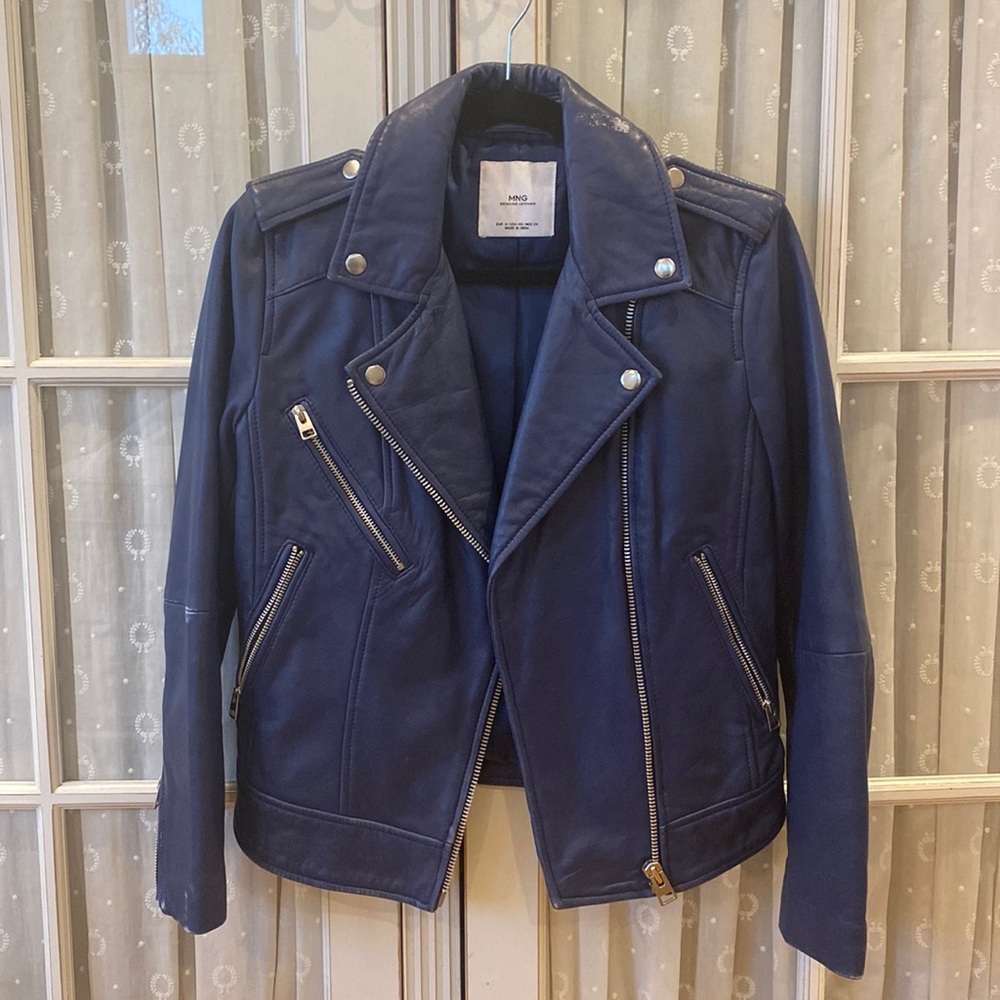 Mango Genuine Leather Jacket Cobalt Blue XS